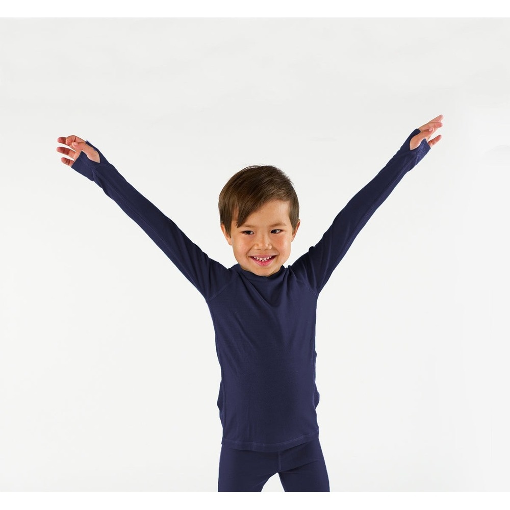 Iksplor Kids 100% Merino Wool Base Layer Top Navy Blue Thumbholes Size 6-7 Years